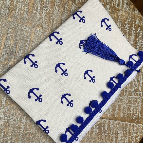 Cream and Blue Pompom Anchor Print Makeup Bag - Picture 3 of 7